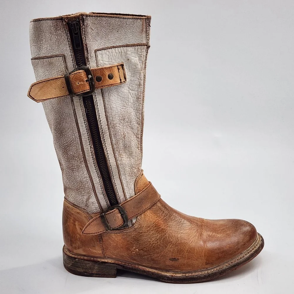 BED‎ STU NIB Gogo Distressed Leather Mid-Calf Boots 8.5 Brown White